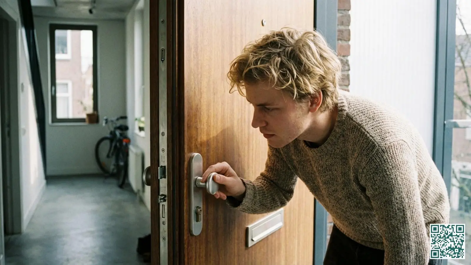 Jonge huurder bekijkt aandachtig het veiligheidsslot op de voordeur van een Nederlands huurappartement