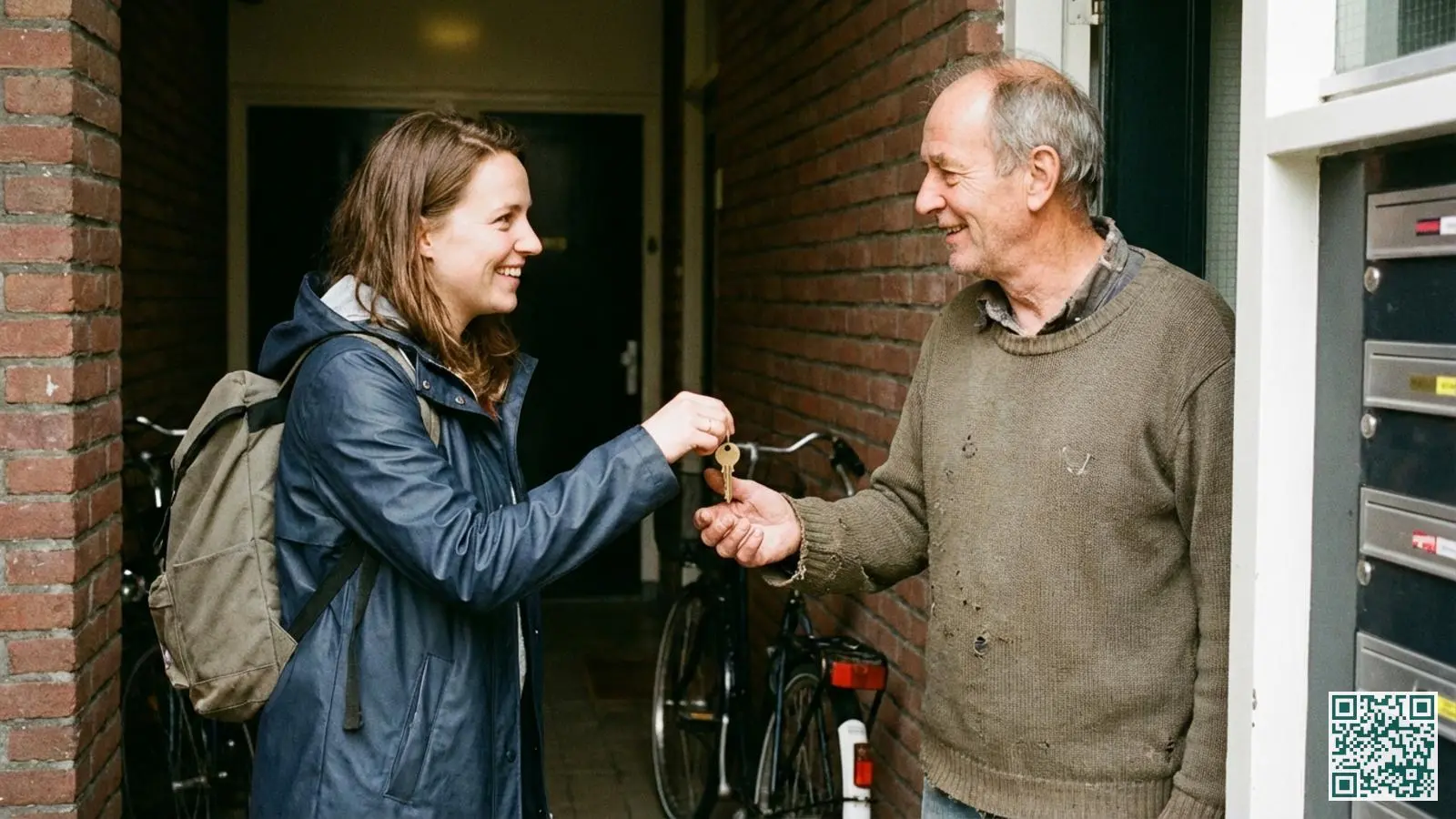 Huurder overhandigt een reservesleutel aan de verhuurder bij de voordeur van een Nederlands appartement