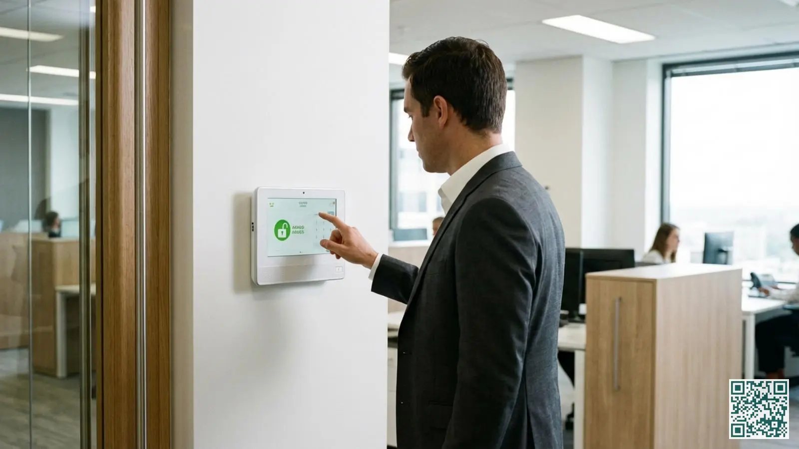 Modern zakelijk alarmsysteem bedieningspaneel aan kantoorwand met ondernemer die code invoert op touchscreen