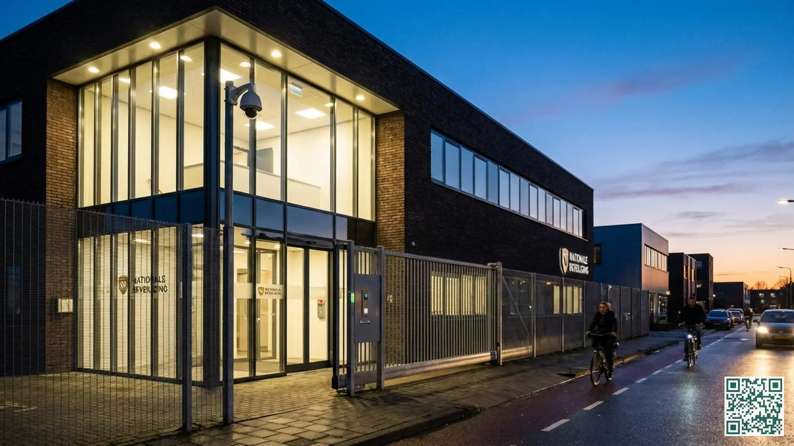 Modern Nederlands bedrijfspand in avondlicht met zichtbare beveiligingscamera, toegangscontrole en verlicht hekwerk rond het terrein