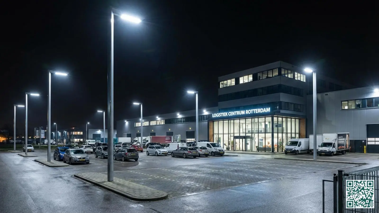 Goed verlicht bedrijventerrein bij nacht met moderne led-verlichting op parkeerplaats en bij gebouwingang