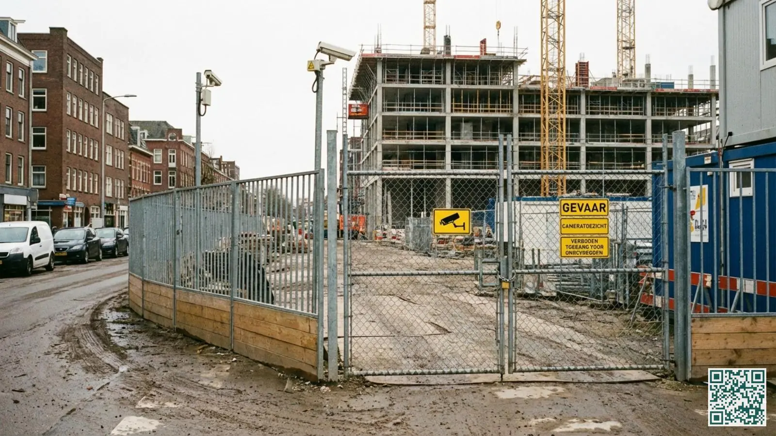 Afgesloten toegangspoort van een bouwplaats met metalen bouwhekken en gele waarschuwingsborden voor camerabewaking