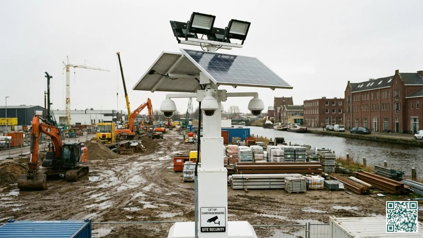 Witte mobiele cameratoren met zonnepanelen en LED-verlichting geplaatst op een bouwterrein met bouwmaterialen