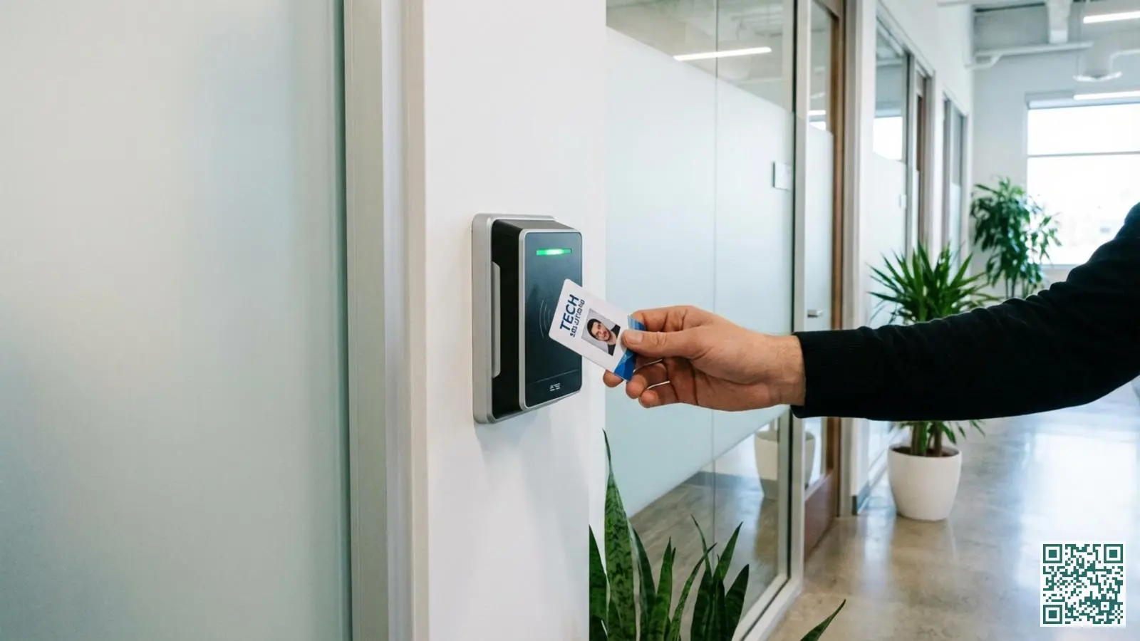 Hand houdt toegangspas bij een elektronische kaartlezer met groen lampje naast een witte kantoordeur