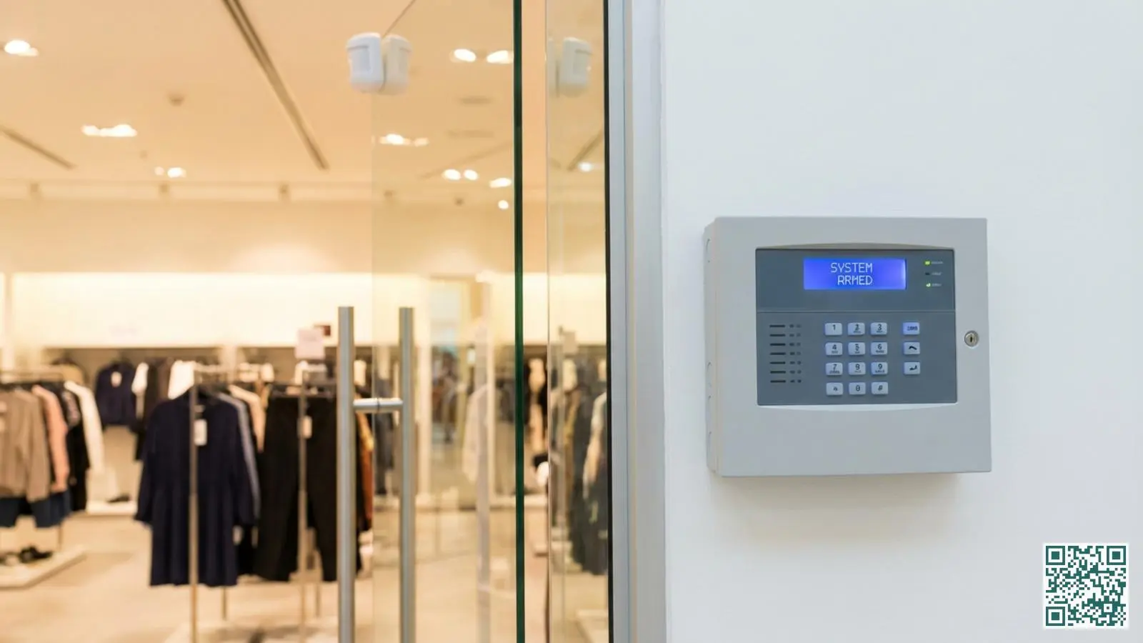 Professioneel alarmbedieningspaneel aan de muur bij de ingang van een kledingwinkel met bewegingsmelders zichtbaar aan het plafond