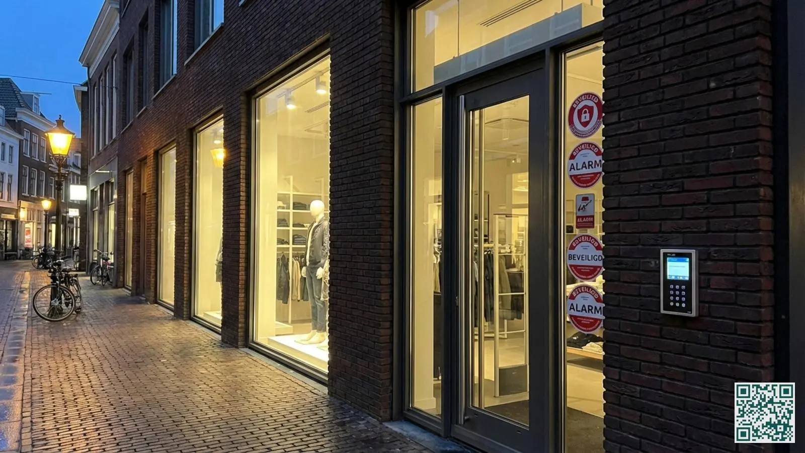 Beveiligde winkeletalage in een Nederlandse winkelstraat tijdens schemering met zichtbare waarschuwingsstickers en verlichting