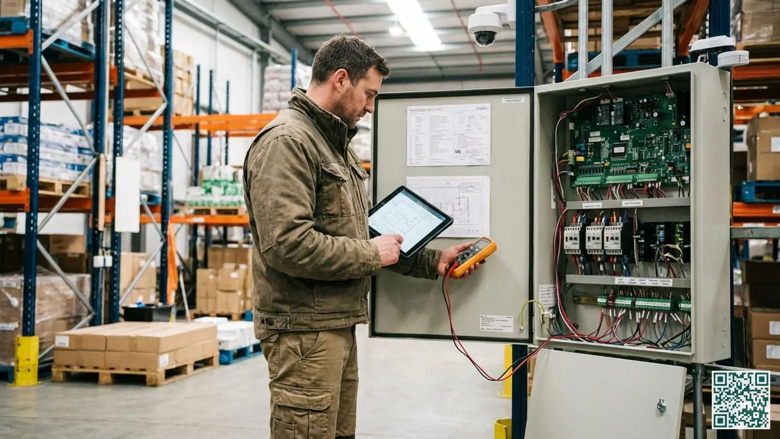 Beveiligingstechnicus controleert een zakelijk alarmbedieningspaneel met tablet in de hand in een bedrijfspand