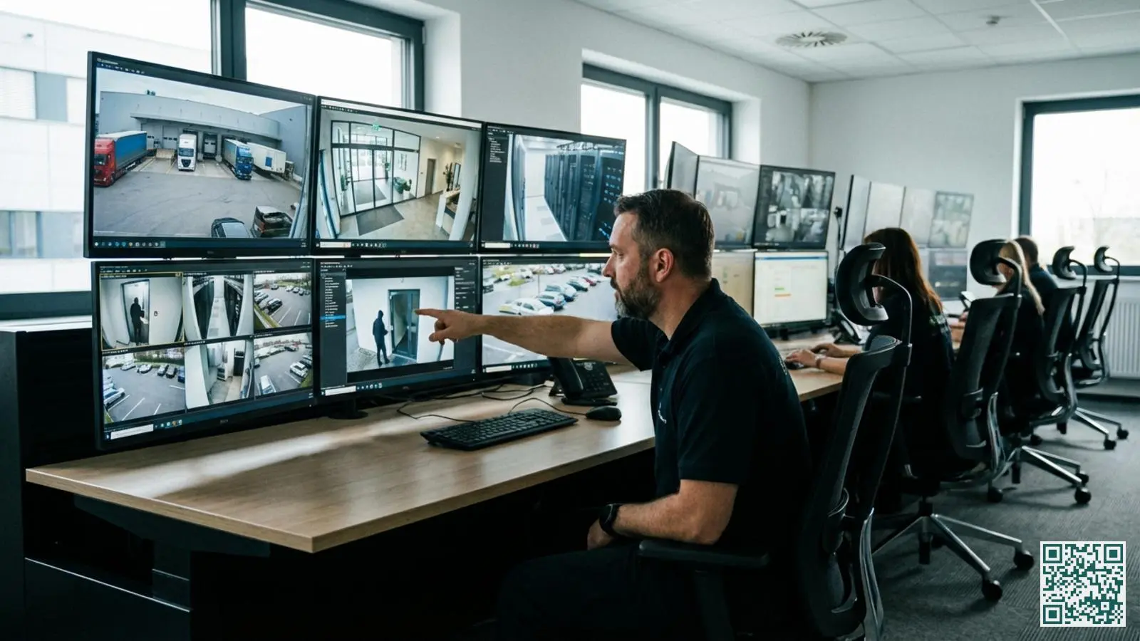 Beveiligingsoperator analyseert camerabeelden van bedrijfslocaties op meerdere schermen in een professionele meldkamer