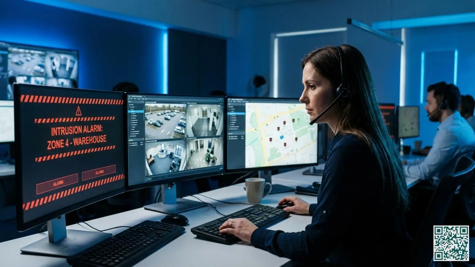 Professionele meldkamer operator achter werkstation met meerdere schermen die alarmmeldingen en camerabeelden tonen