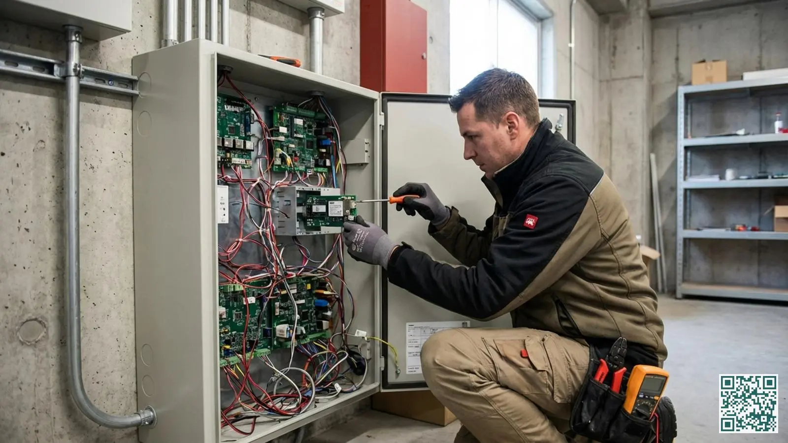 Monteur installeert een communicatiemodule in een geopende alarmkast met zichtbare bekabeling en printplaten