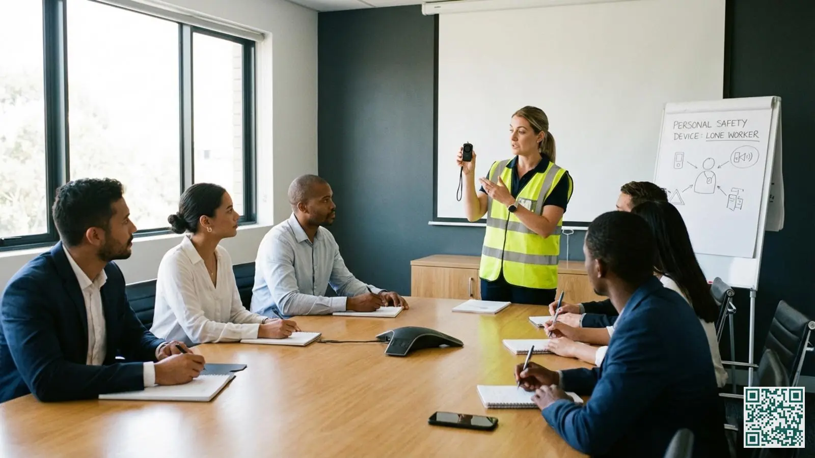 Instructeur demonstreert persoonsalarm apparaat tijdens BHV training aan groep medewerkers in vergaderruimte