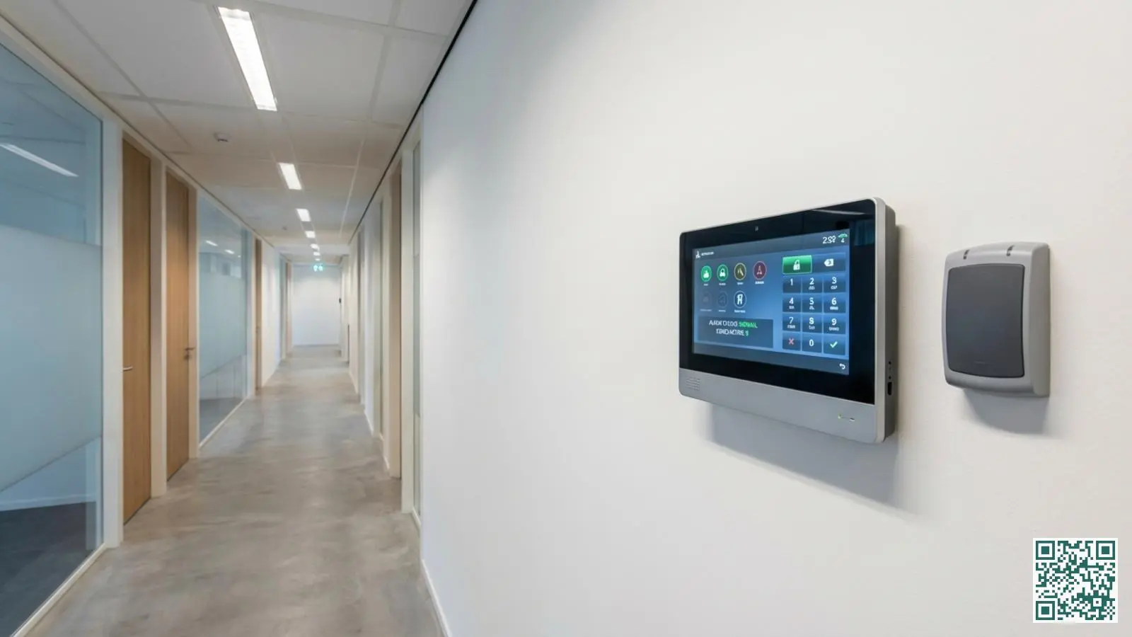 Professioneel alarmsysteem bedieningspaneel met touchscreen in een Nederlandse bedrijfshal naast een kaartlezer voor toegangscontrole
